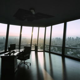 In broad daylight, the penthouse office of the SWAT Commander, characterized by its sweeping glass walls providing a panoramic view of the bustling city.