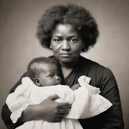 A heartfelt portrait of Frederick Douglass as an infant, securely held in his mother's loving arms. Their eyes meet in a silent bond of affection and strength.