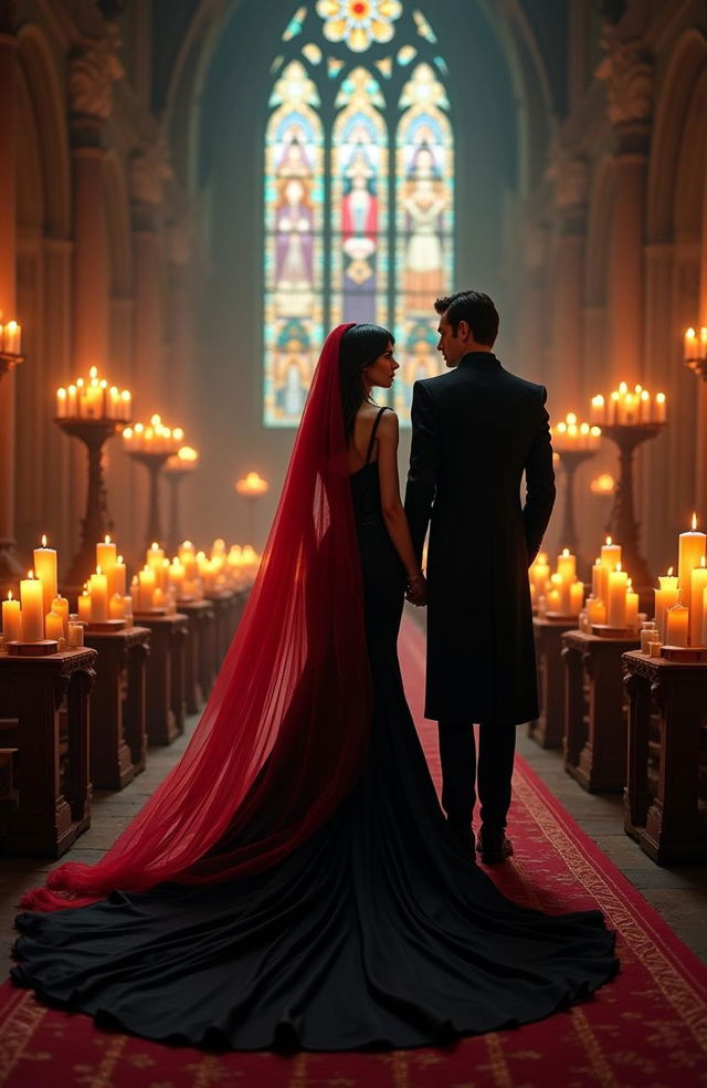 An enchanting scene featuring a 27-year-old Wednesday Adams in a striking black gothic wedding dress with a flowing train, adorned with a vivid red veil that adds a dramatic touch