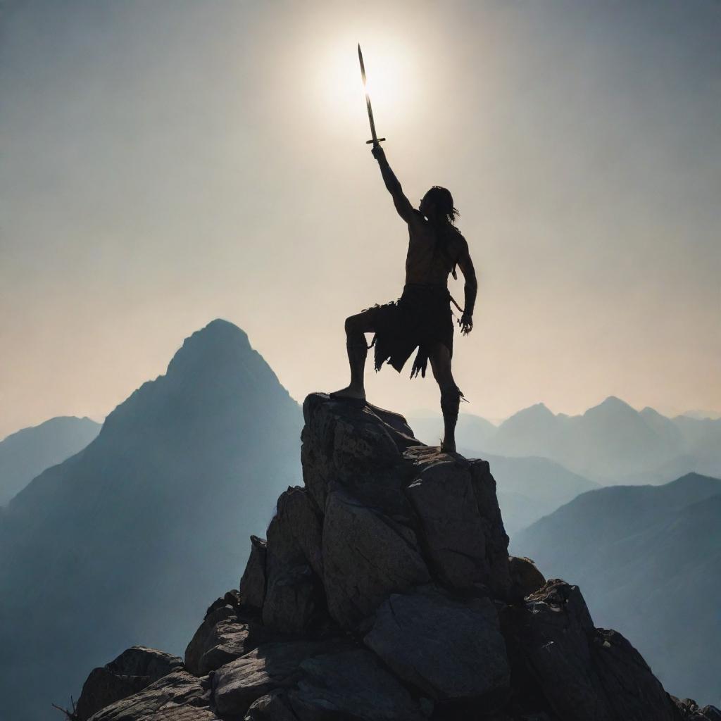 A triumphant figure standing atop a mountain, holding a shining sword high above their head. Beneath them, the embodied shadows of temptation and sin recoil in defeat.