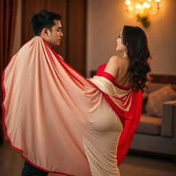 A beautiful Thailand Pattaya woman in an intimate setting with her boyfriend, showcasing her sexy figure that includes big breasts and a voluptuous backside