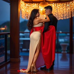 A beautiful Thailand Pattaya woman in an intimate setting with her boyfriend, showcasing her sexy figure that includes big breasts and a voluptuous backside