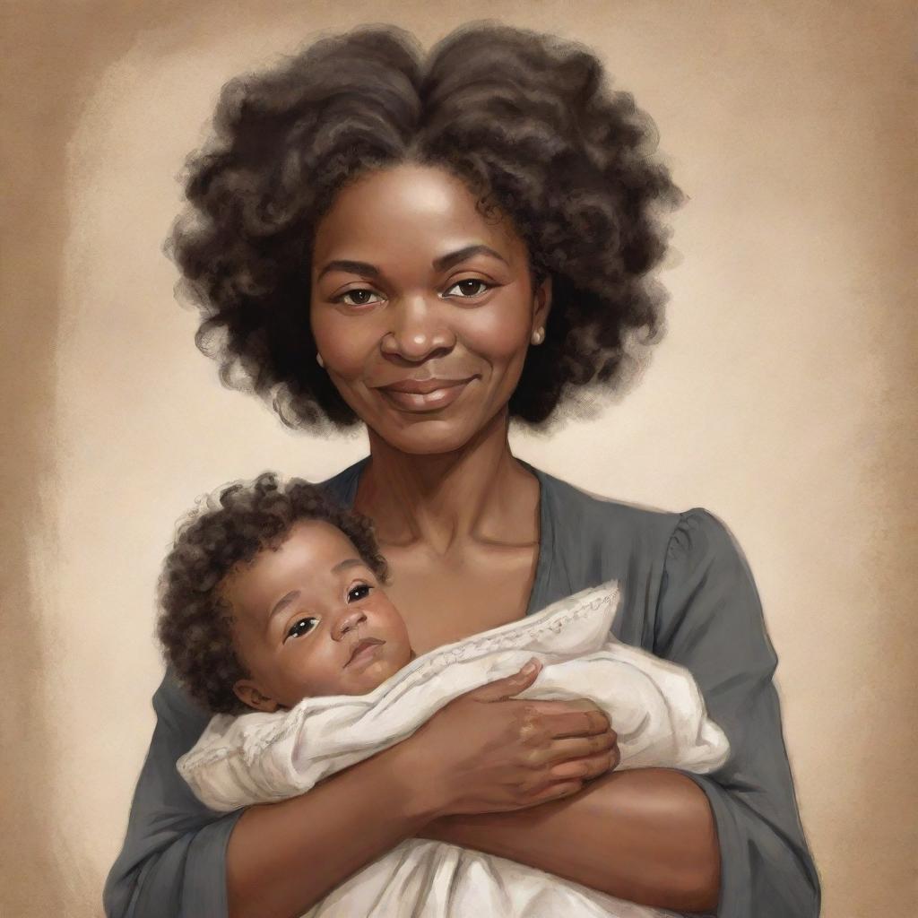 A charming cartoon-style image depicting a baby Frederick Douglass lovingly held by his mother. Their strong bond is conveyed through their affectionate expressions.