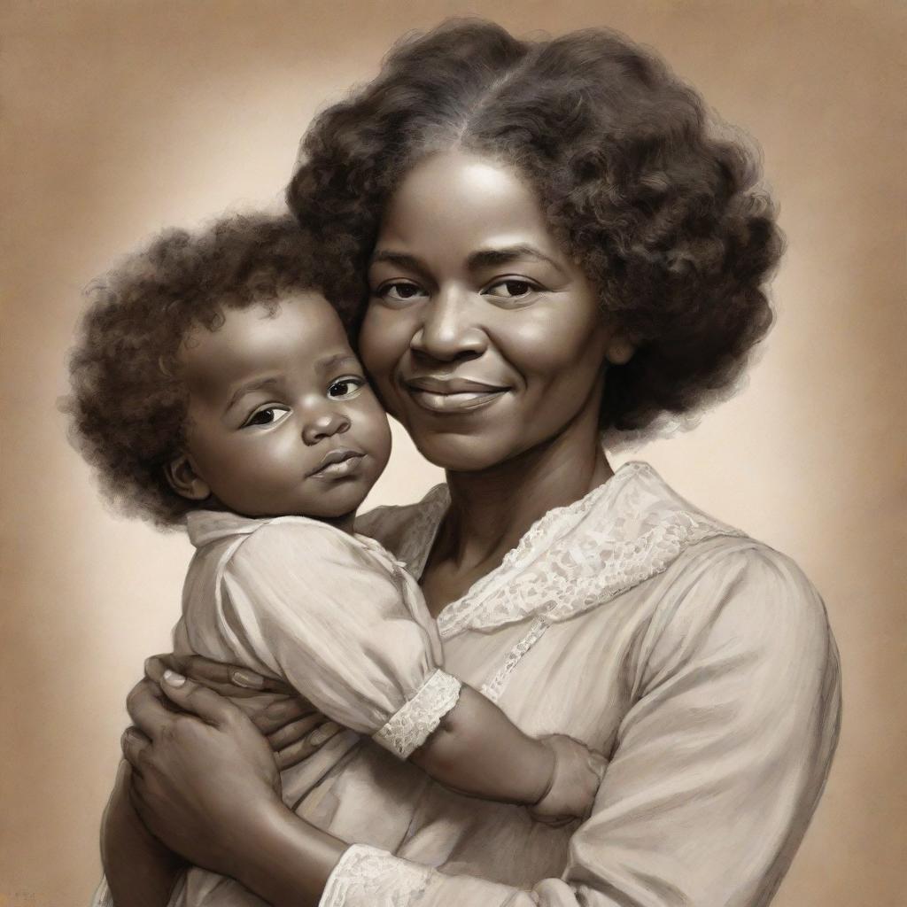 A charming cartoon-style image depicting a baby Frederick Douglass lovingly held by his mother. Their strong bond is conveyed through their affectionate expressions.