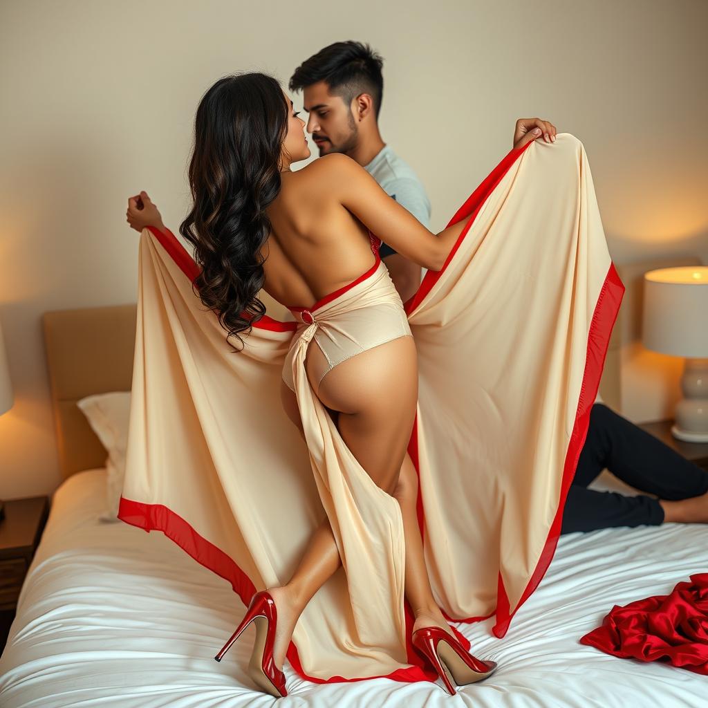 An enticing Thailand Pattaya woman captured in a romantic encounter with her boyfriend on the bed, featuring her sexy figure with big breasts and a voluptuous backside