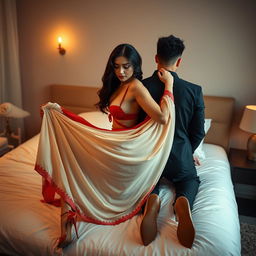 A captivating Thailand Pattaya woman in a romantic and intimate scene with her boyfriend on the bed, flaunting her sexy figure, complete with large breasts and a voluptuous backside