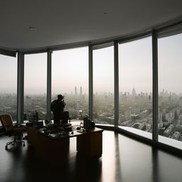 In broad daylight, the penthouse office of the SWAT Commander, characterized by its sweeping glass walls providing a panoramic view of the bustling city.