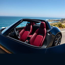 A sleek black Mazda MX-5 ND sports car, featuring luxurious wine-colored leather seats