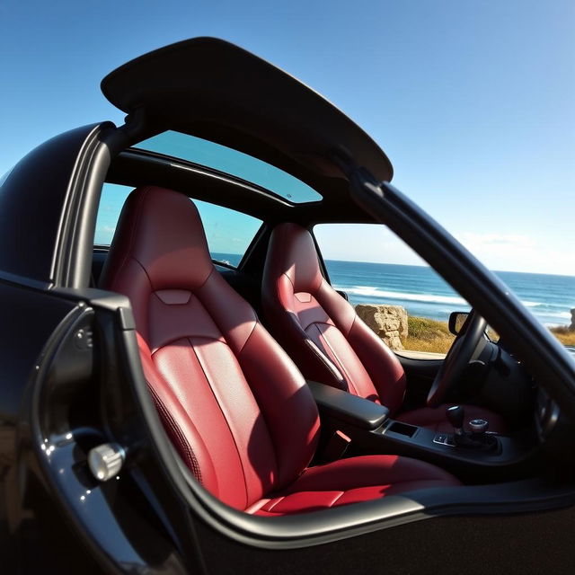 A sleek black Mazda MX-5 ND sports car, featuring luxurious wine-colored leather seats