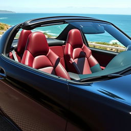 A sleek black Mazda MX-5 ND sports car, featuring luxurious wine-colored leather seats