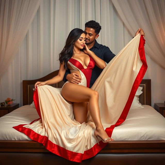 A breathtaking Thailand Pattaya woman with a sexy figure, large breasts, and a voluptuous body, engaging in a romantic moment with her boyfriend on a luxurious bed