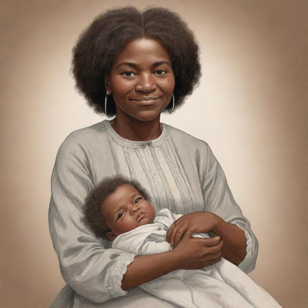 An engaging cartoon representation of a baby Frederick Douglass, cradled gently by his mother. Their expressions filled with warmth and love.