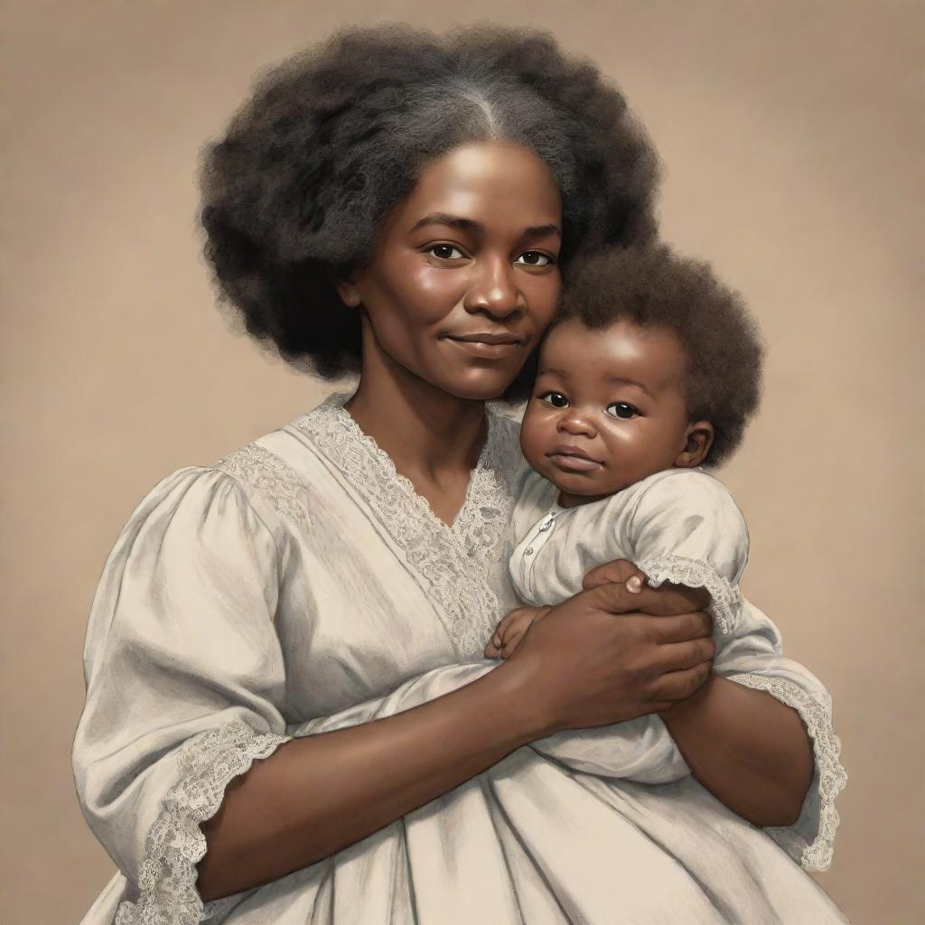 An engaging cartoon representation of a baby Frederick Douglass, cradled gently by his mother. Their expressions filled with warmth and love.