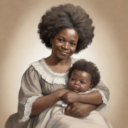 An engaging cartoon representation of a baby Frederick Douglass, cradled gently by his mother. Their expressions filled with warmth and love.