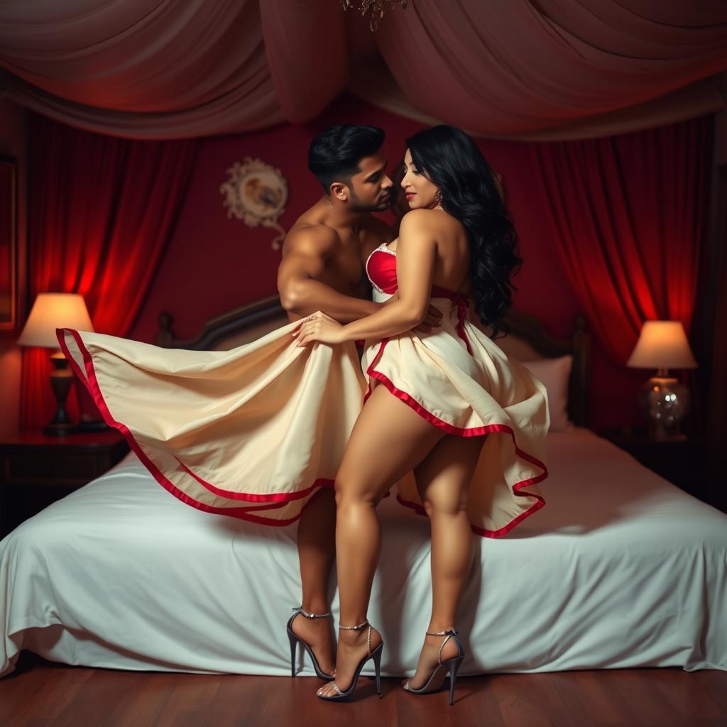 A sultry scene in a Thai Pattaya brothel, featuring a voluptuous woman with big breasts and a curvy figure romantically engaging with her boyfriend on a bed