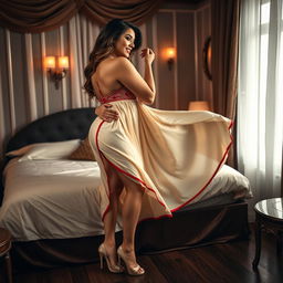 A sultry scene in a Thai Pattaya brothel, featuring a voluptuous woman with big breasts and a curvy figure romantically engaging with her boyfriend on a bed