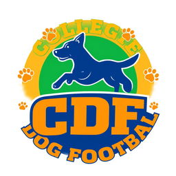 A logo design for the 'CDF (College Dog Football)' league featuring a stylized silhouette of a dog in an athletic pose, depicted mid-action such as running or jumping, symbolizing agility and sportiness