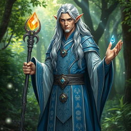 A tall elven cleric standing in a mystical forest, wearing intricate silver and blue robes adorned with celestial symbols