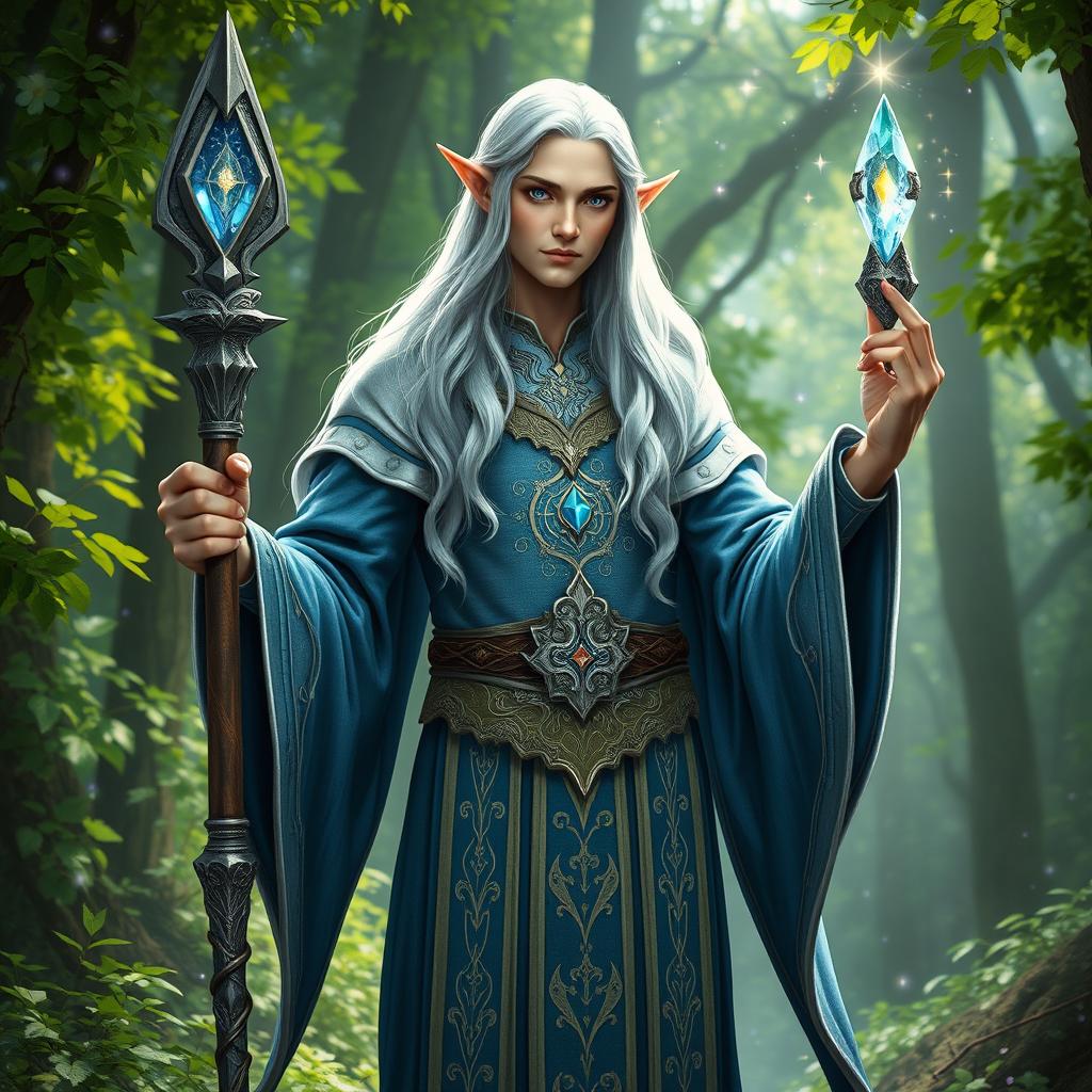 A tall elven cleric standing in a mystical forest, wearing intricate silver and blue robes adorned with celestial symbols