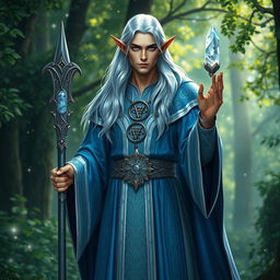 A tall elven cleric standing in a mystical forest, wearing intricate silver and blue robes adorned with celestial symbols