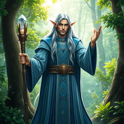 A tall elven cleric standing in a mystical forest, wearing intricate silver and blue robes adorned with celestial symbols