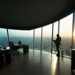 In broad daylight, the penthouse office of the SWAT Commander, characterized by its sweeping glass walls providing a panoramic view of the bustling city.