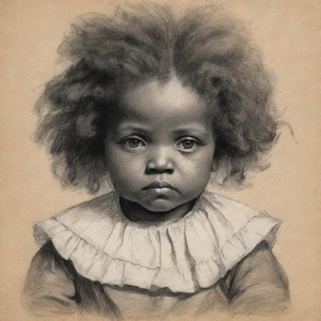 A poignant sketch of a baby Frederick Douglass held by his mother, her face adorned with a layer of deep sadness, the heavy weight of their reality apparent in her eyes.