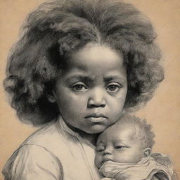 A poignant sketch of a baby Frederick Douglass held by his mother, her face adorned with a layer of deep sadness, the heavy weight of their reality apparent in her eyes.