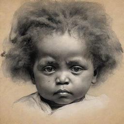 A poignant sketch of a baby Frederick Douglass held by his mother, her face adorned with a layer of deep sadness, the heavy weight of their reality apparent in her eyes.