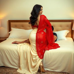 A seductive Assamese woman in an elegant cream and red Muga Mekhela Chadar, showcasing her curvy figure with big breasts and a voluptuous backside