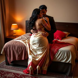 A seductive Assamese woman in an elegant cream and red Muga Mekhela Chadar, showcasing her curvy figure with big breasts and a voluptuous backside