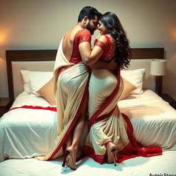 A seductive Assamese woman in an elegant cream and red Muga Mekhela Chadar, showcasing her curvy figure with big breasts and a voluptuous backside