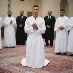 Cristiano Ronaldo participating in a Friday Prayer, dressed in appropriate attire, showing respect and solemnity.