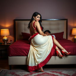 A sultry Assamese woman with an alluring figure, featuring prominent curves, including big breasts and an ample backside