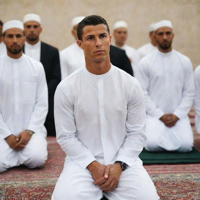 Cristiano Ronaldo participating in a Friday Prayer, dressed in appropriate attire, showing respect and solemnity.