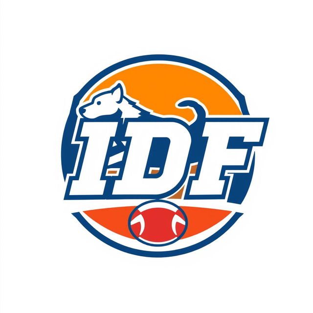 A logo design for the 'IDF (International Dog Football)' league featuring a stylized silhouette of a dog in an athletic pose, depicted mid-action to convey energy and excitement