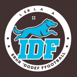 A logo design for the 'IDF (International Dog Football)' league featuring a stylized silhouette of a dog in an athletic pose, depicted mid-action to convey energy and excitement