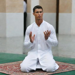 Cristiano Ronaldo participating in a Friday Prayer, dressed in appropriate attire, showing respect and solemnity.