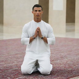 Cristiano Ronaldo participating in a Friday Prayer, dressed in appropriate attire, showing respect and solemnity.