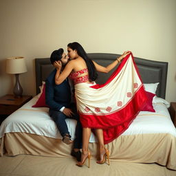 A sexy Assamese brothel woman with big boobs and a big ass romantically engaged with her boyfriend on a bed