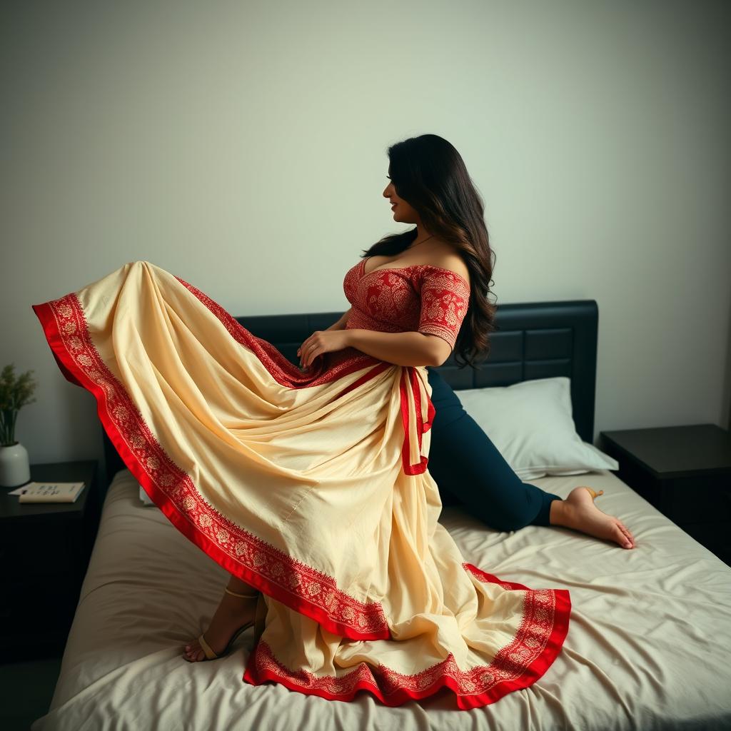 A beautiful Assamese brothel woman with a sexy figure, big boobs, and a curvy silhouette, romantically engaging with her boyfriend on a bed