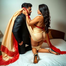 A sexy Assamese brothel woman with a voluptuous figure, big boobs, and a curvy backside, intimately engaging with her hot boyfriend on a bed