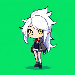 Pixel art character of a girl with striking white hair and vibrant yellow eyes