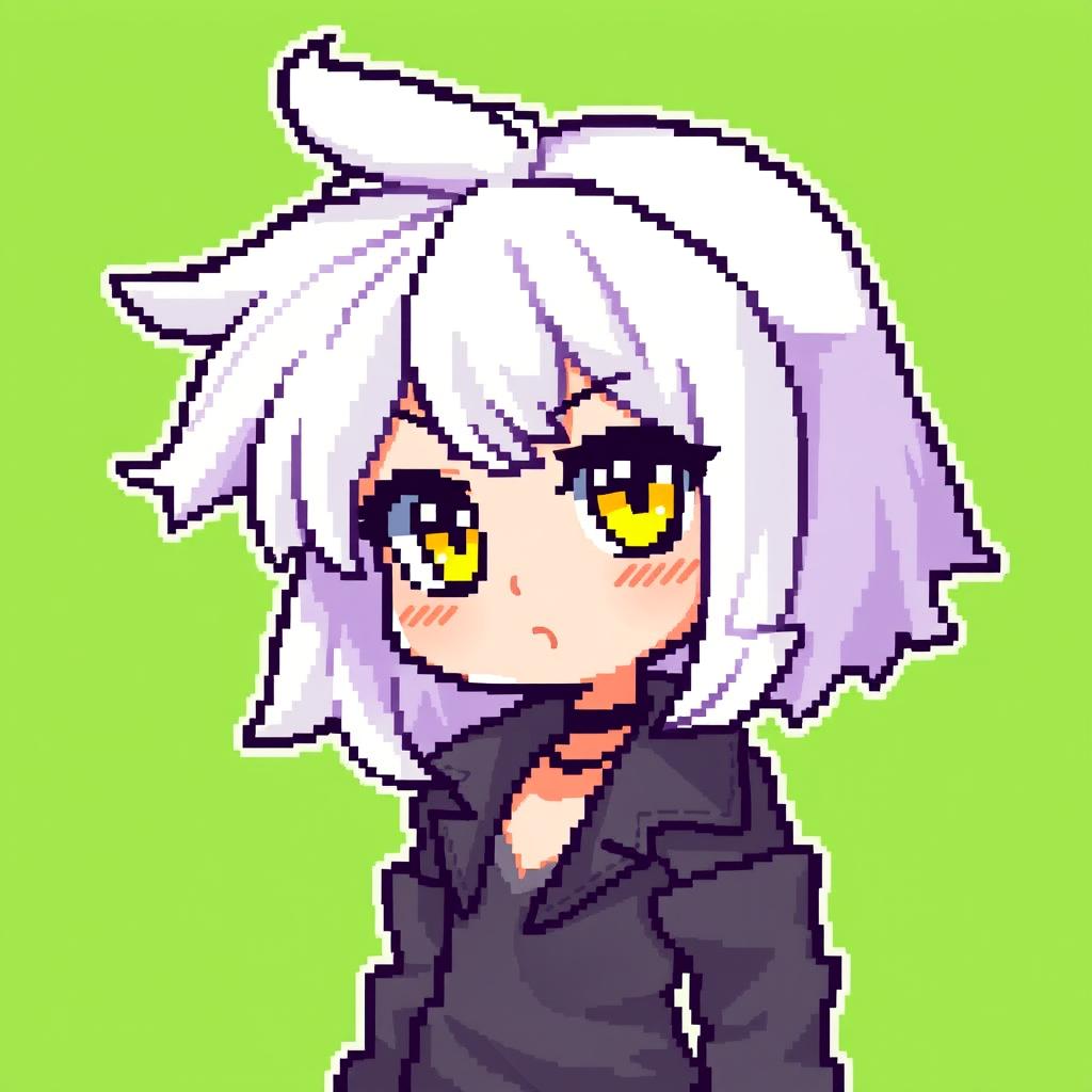 Pixel art character of a girl with striking white hair and vibrant yellow eyes