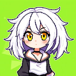 Pixel art character of a girl with striking white hair and vibrant yellow eyes