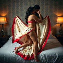 A voluptuous Assamese Chawroke brothel woman with a sexy figure, big boobs, and a curvy backside, passionately engaging with her hot boyfriend on a bed