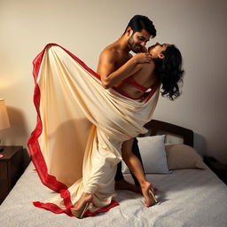 A seductive Assamese Chawroke brothel woman with a sexy figure, featuring big boobs and a pronounced curvy backside, romantically engaged with her hot boyfriend on a bed