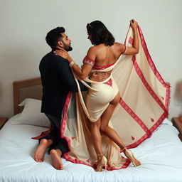 A seductive Assamese Chawroke brothel woman with a sexy figure, featuring big boobs and a pronounced curvy backside, romantically engaged with her hot boyfriend on a bed