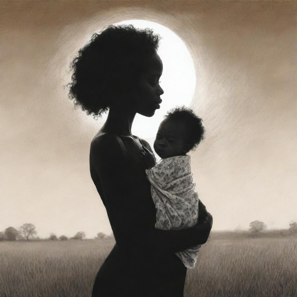 A touching sketch of an African American mother lovingly holding her newborn baby, their silhouette contrasting against the endless grass field under the vast sky.