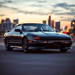 A striking image of a stock black 1992 Nissan 240SX, showcasing its sleek, low-profile body and classic design